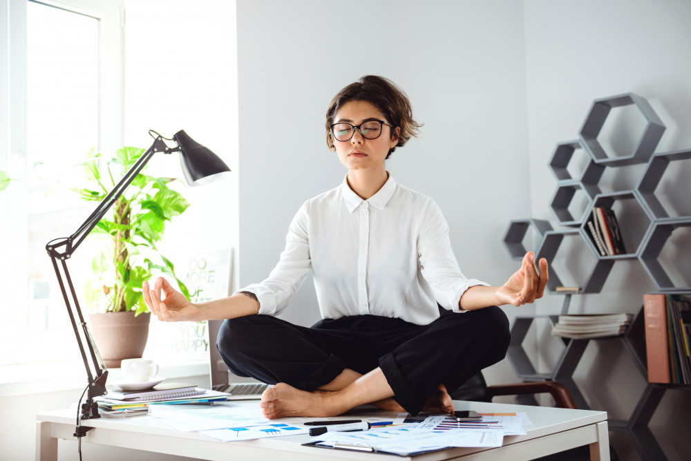 Woman practicing self-care at work