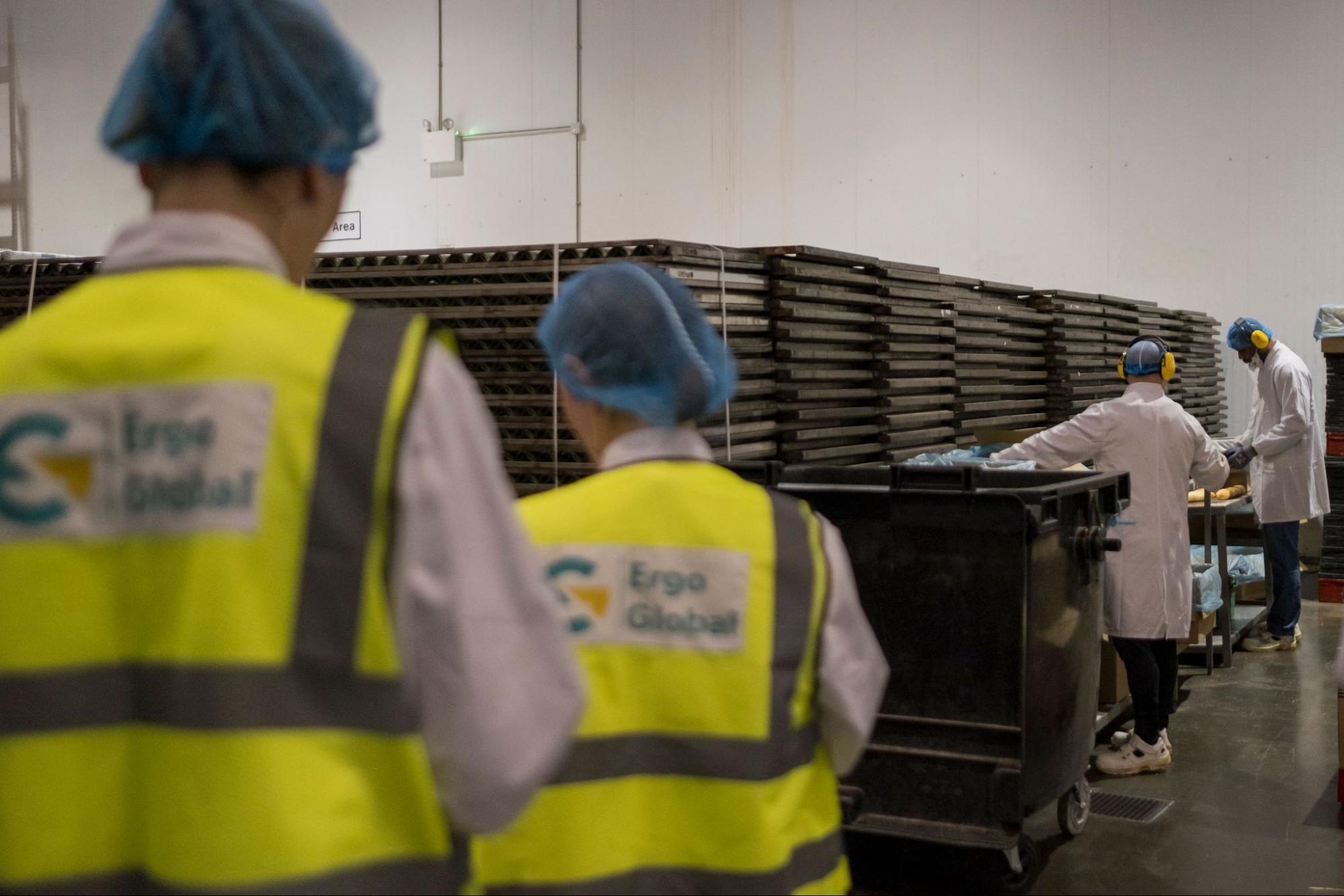 An expert providing hands-on industrial ergonomics training to a worker on a factory floor.
