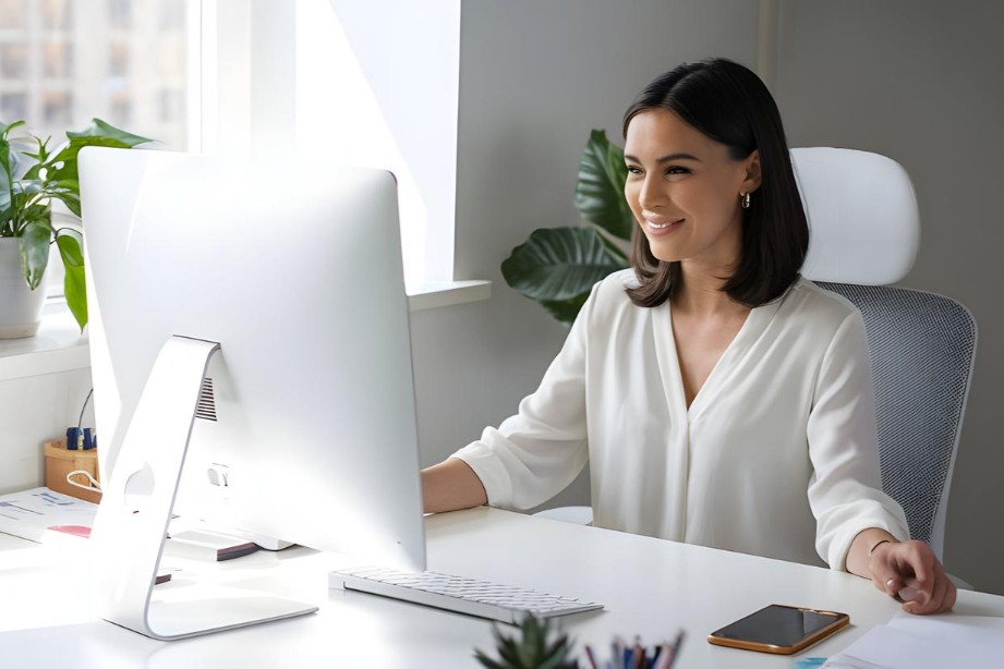 Person happily working at a desk with monitor at the best monitor height for neck pain.