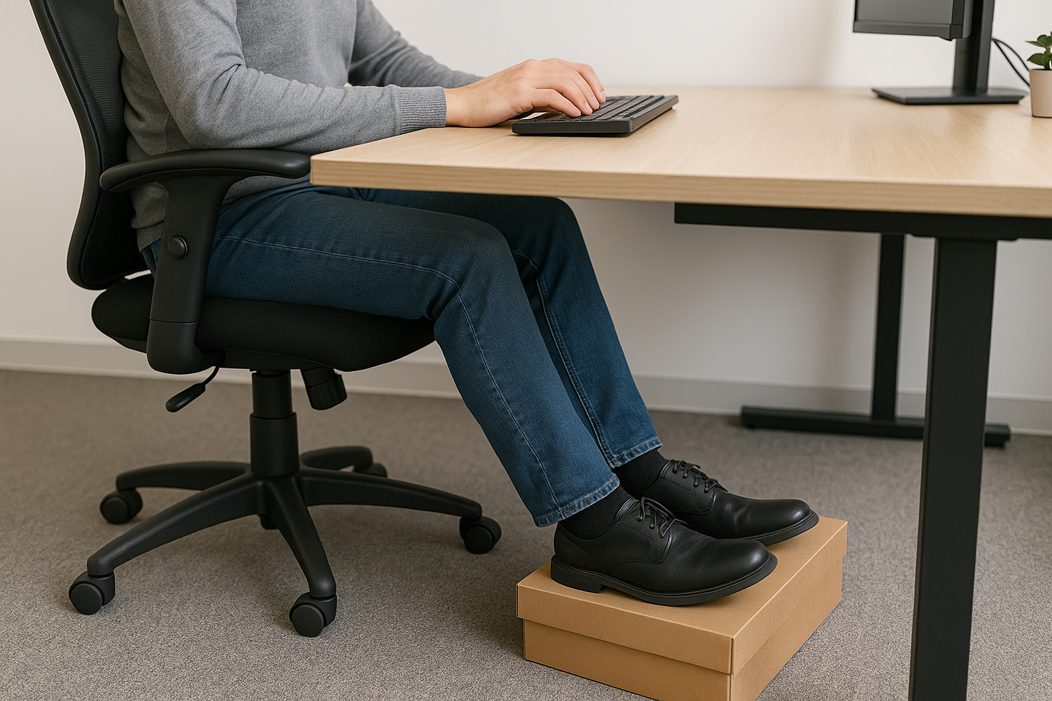 Person resting feet on a box used as a makeshift footrest.