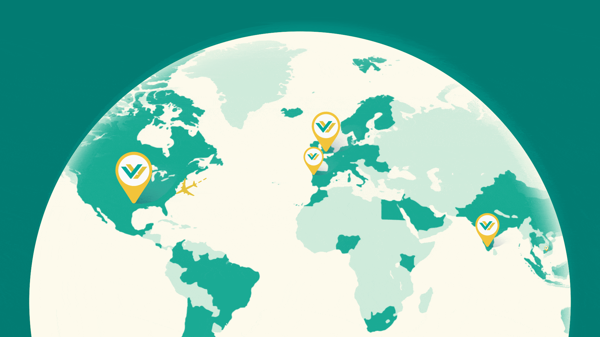 a GIF of a spinning globe with ErgoWOW logo within the location pins