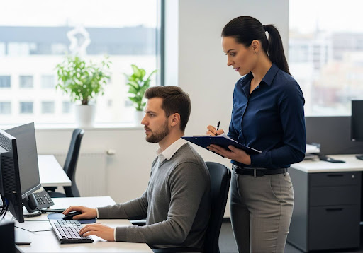 A professional demonstrating how to conduct an office ergonomic assessment with an employee.