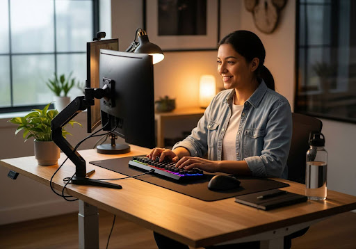 A person demonstrating proper ergonomic keyboarding techniques at their desk.