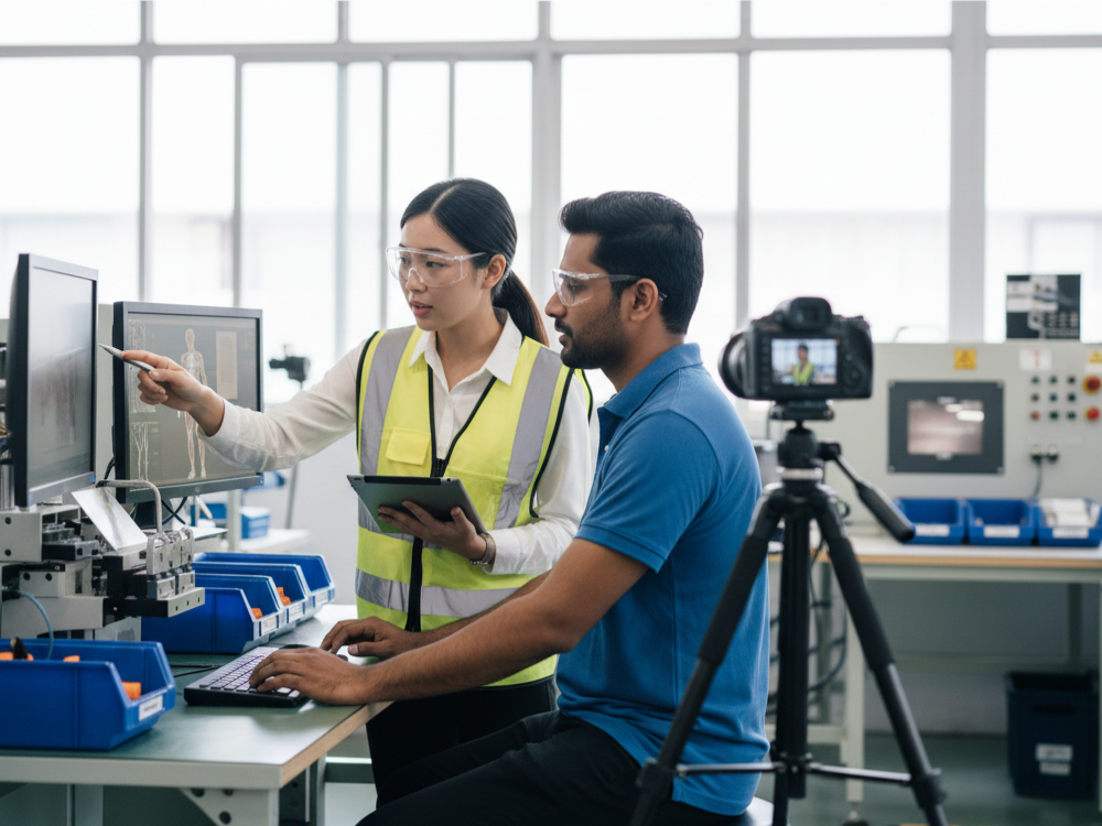 Ergonomic consultant analyzing a manufacturing workstation with an employee.