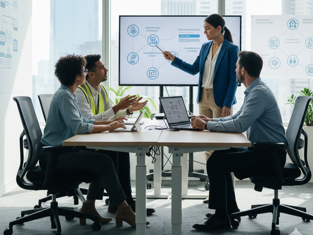 A group of professionals discussing workplace ergonomics.