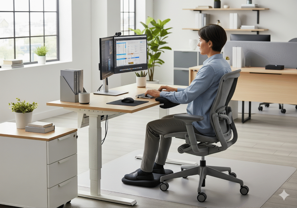 A professional working comfortably at an ergonomic desk setup.