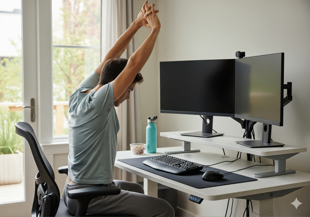 A person stretching and taking a break from their work from home ergonomic setup.