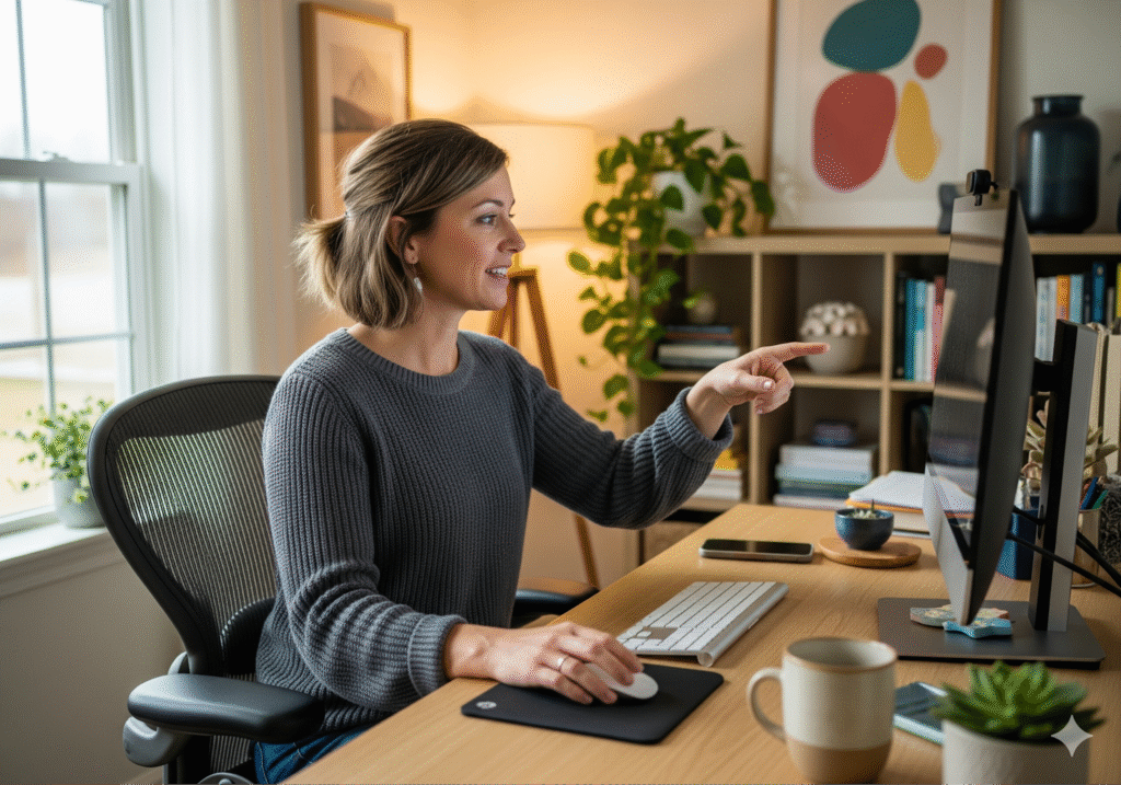 A woman pointing at a monitor at home