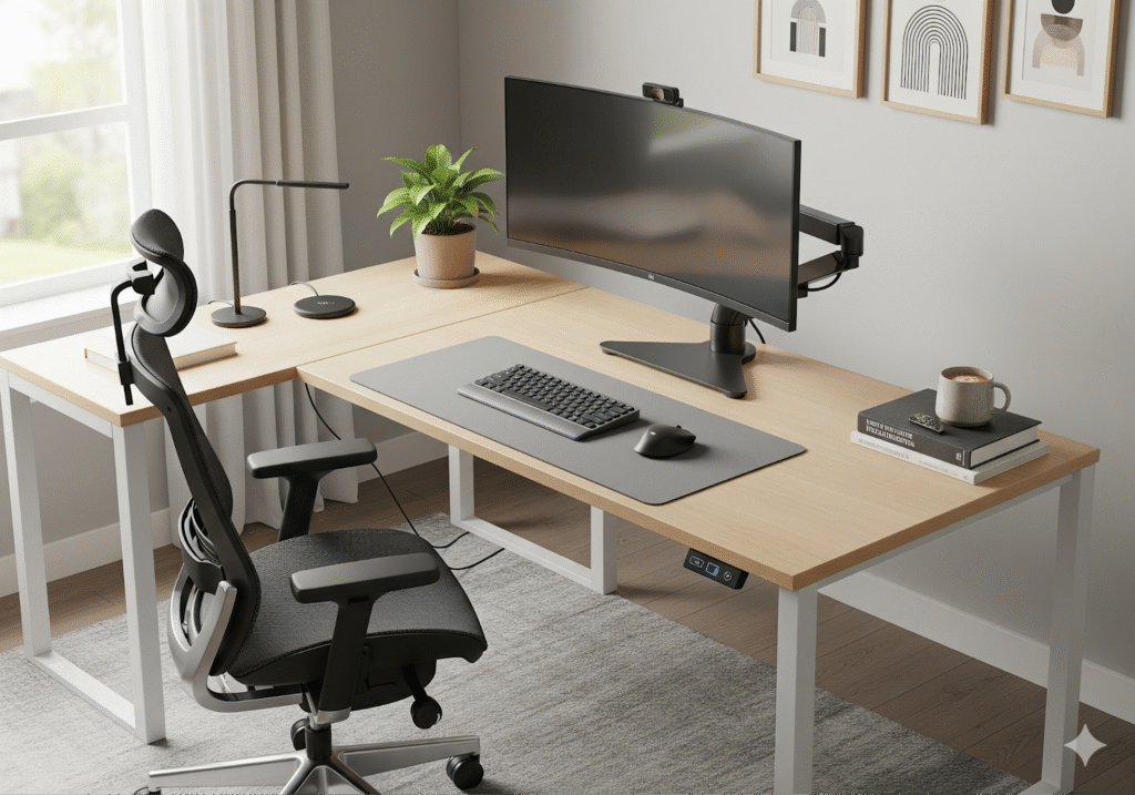 An organized and ergonomically set up home office workstation.