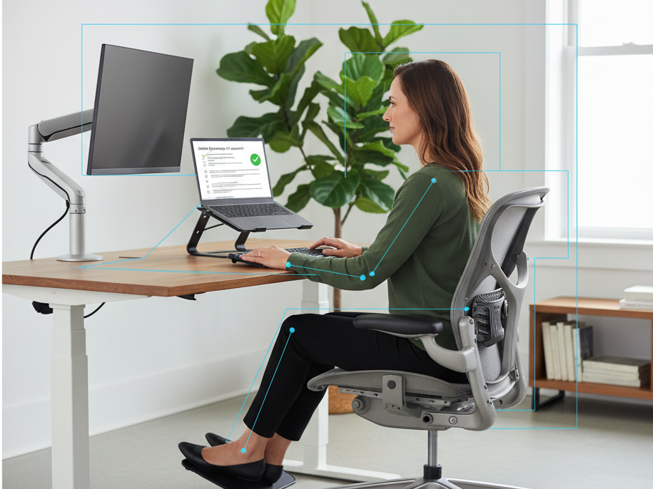 Person using a laptop at an ergonomically set up desk