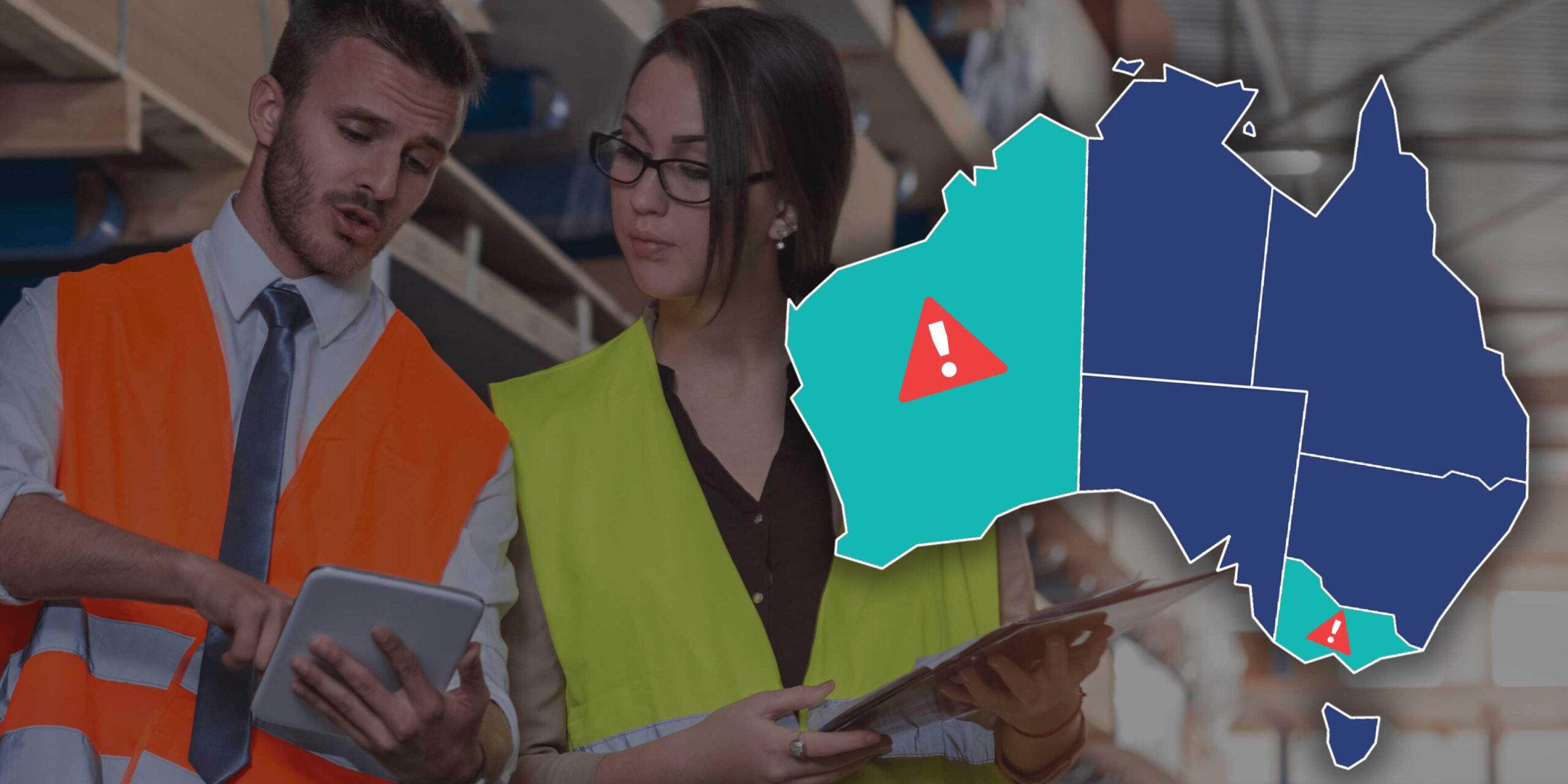 Two people working next to an outline of Australia with danger symbols inside
