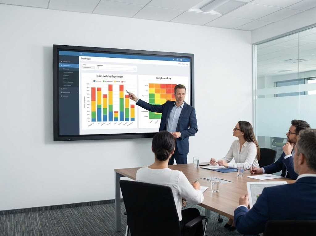 A manager presenting an ergonomic risk dashboard on a large screen to a team.
