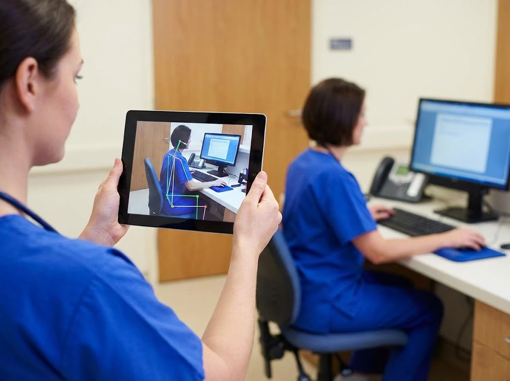 Nurse using tablet for AI posture assessment.