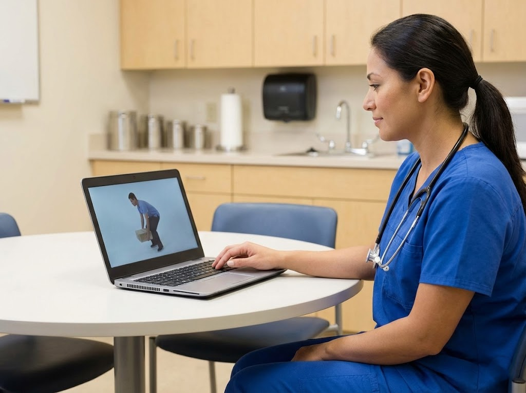 Nurse watching a posture training video on a laptop.