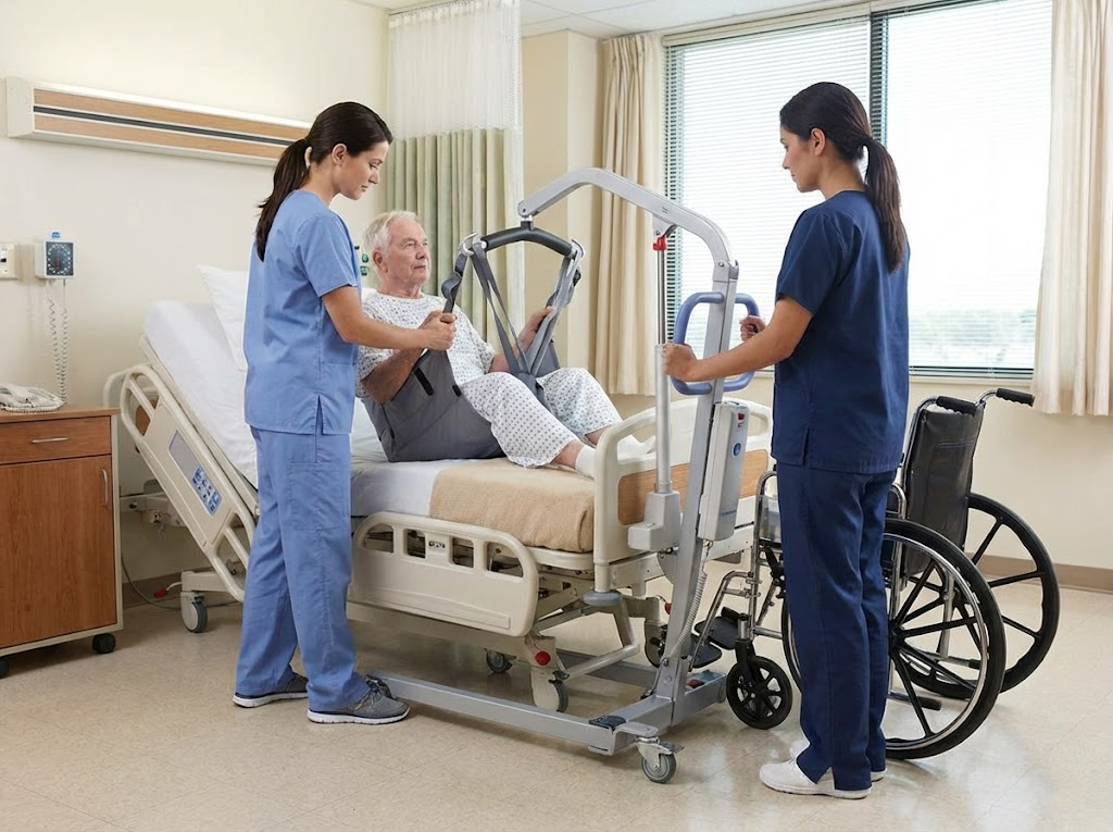Healthcare workers using a mechanical patient lift.