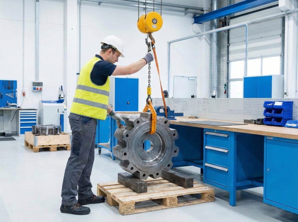 Factory worker performing a heavy manual lifting task safely using mechanical assistance.