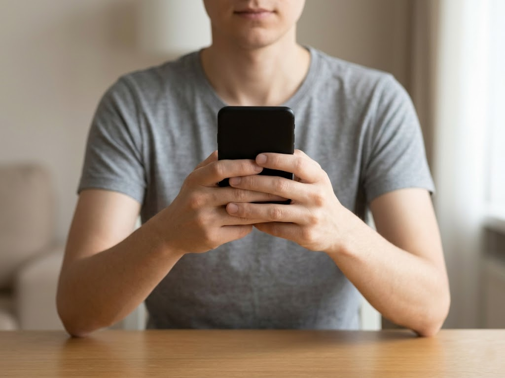 Person holding phone high at eye level.