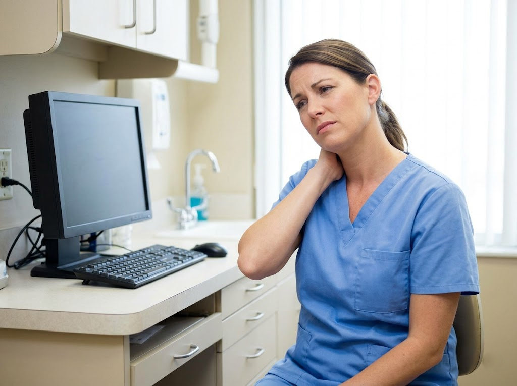Tired dental hygienist experiencing neck pain from slouching. 