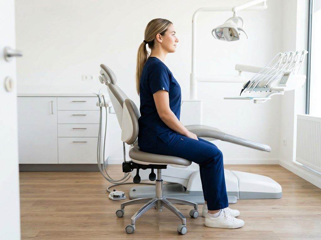 Side view of correct neutral spine sitting posture. 