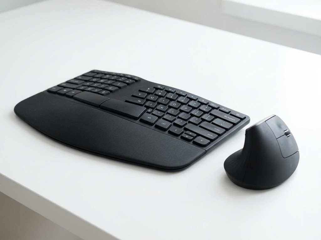 A close-up shows a specialized split keyboard and a vertical mouse. 