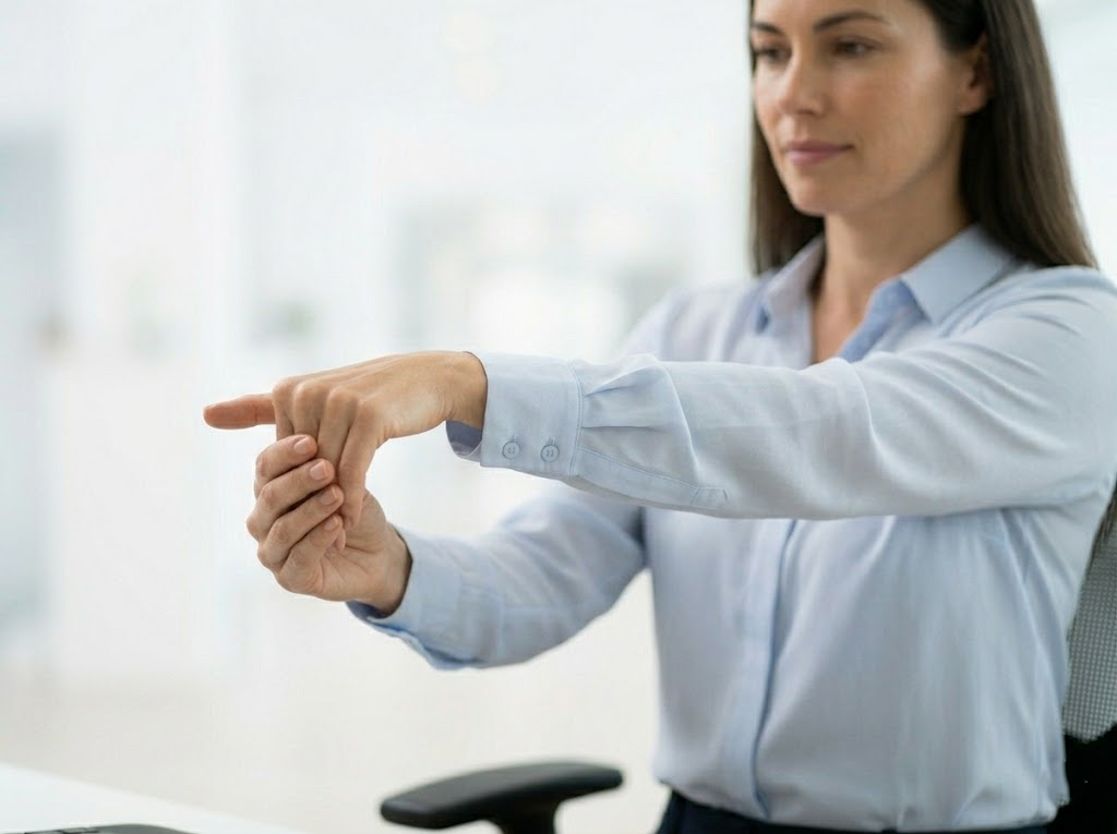 Person performing a gentle hand and wrist stretch. 