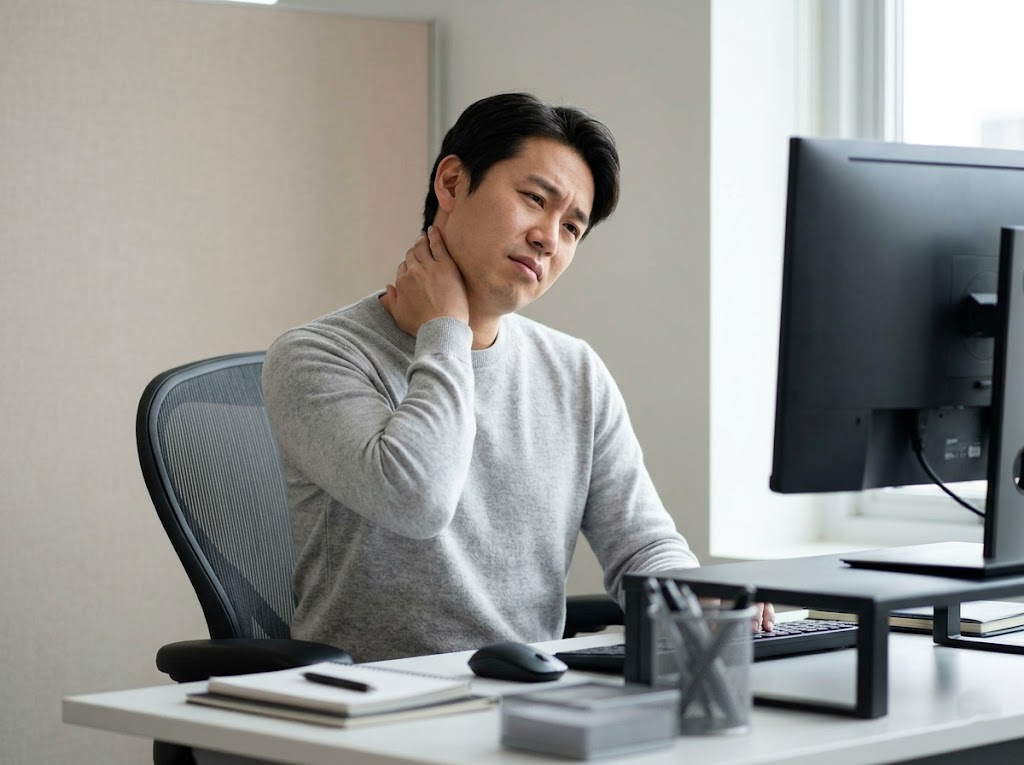 Person rubbing sore neck in office.