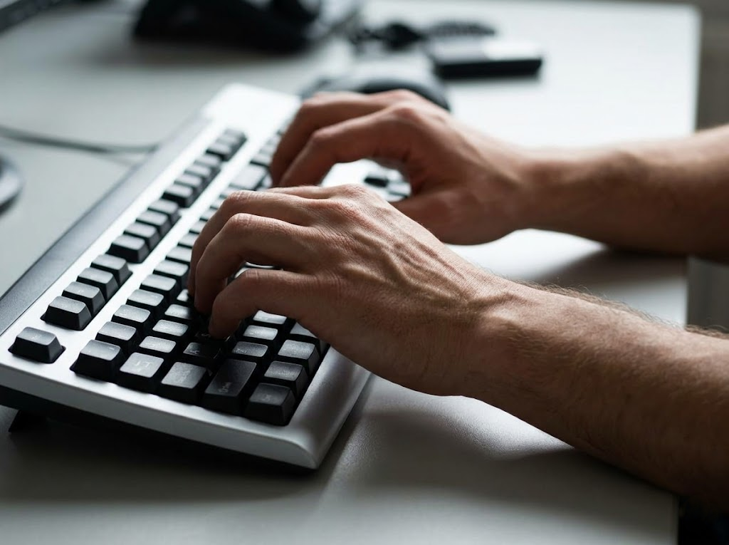 Close-up of repetitive rapid typing on a standard keyboard. 