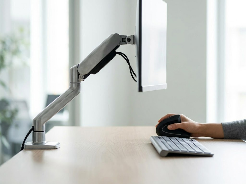 Specialized monitor arm and vertical mouse improve comfort. 