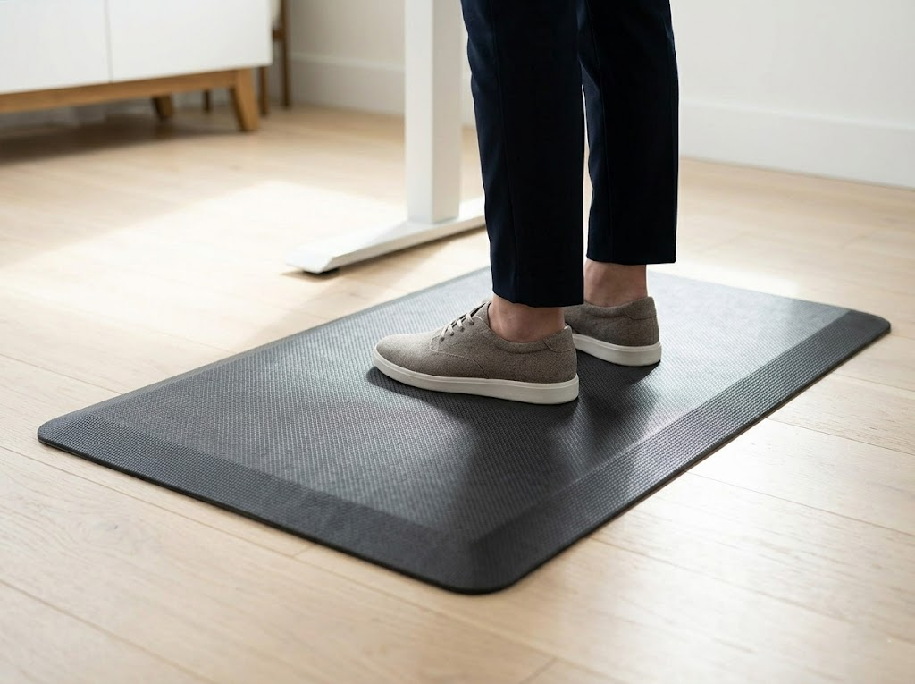 Close-up of feet on a patterned anti-fatigue mat. 