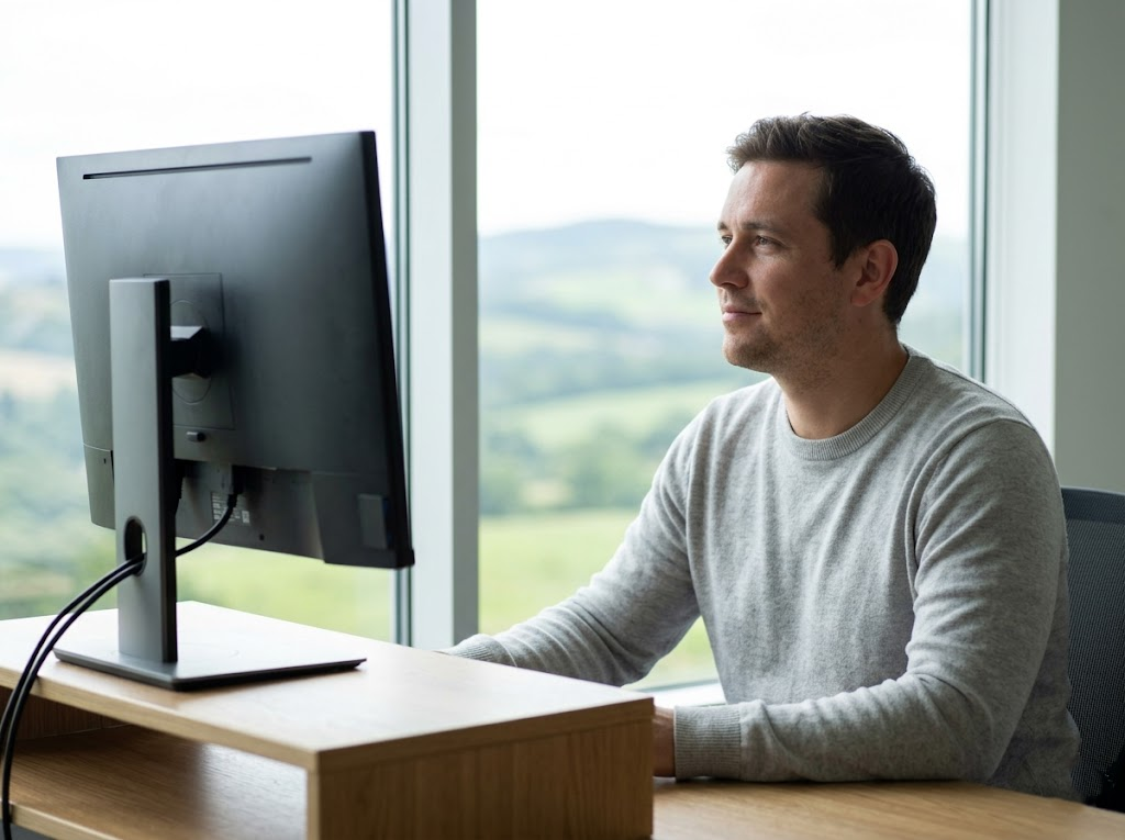 User gazing out the window away from the screen.