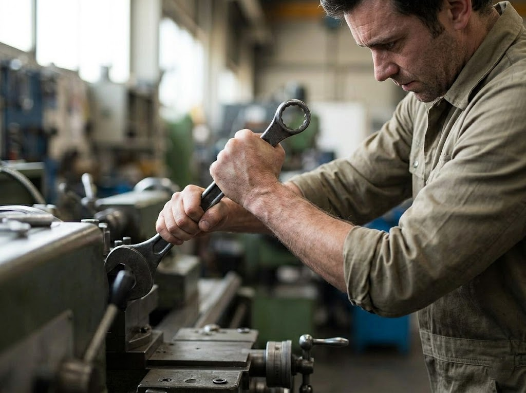 Manual laborer intensely gripping a wrench. 