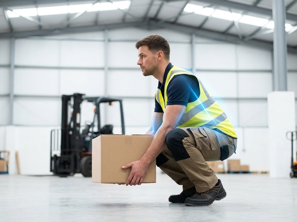Warehouse worker correctly squatting to lift a box, straight spine. 