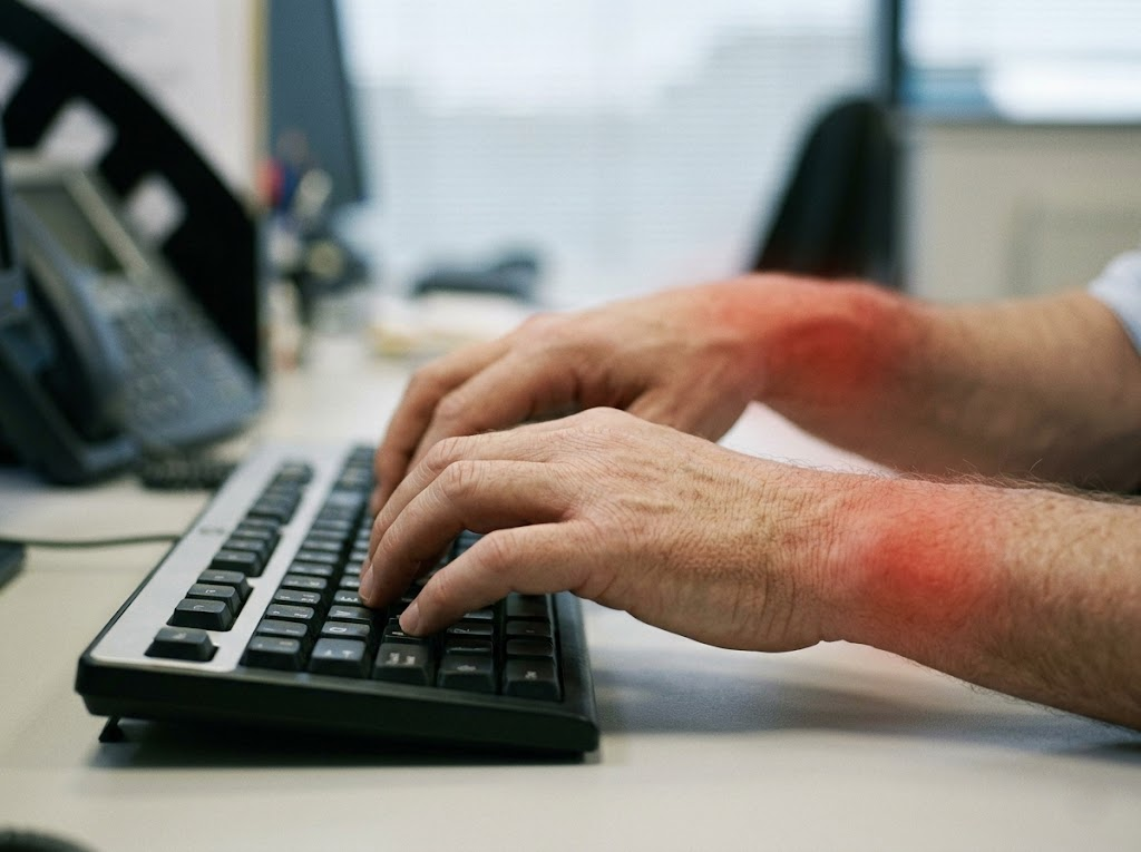 Close-up of hands typing with wrists bent, showing carpal tunnel strain. 