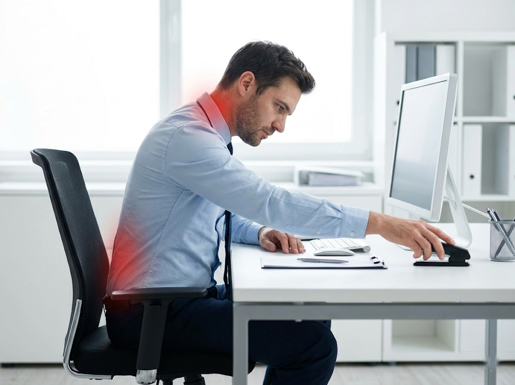 Office worker reaching awkwardly for a stapler, craning neck forward. 