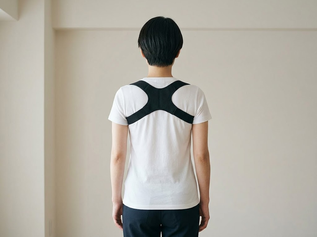 Person wearing a discreet black posture corrector brace.