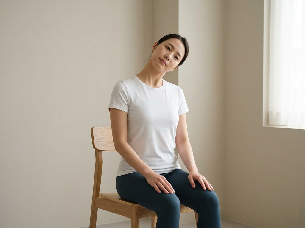 Person sitting performing lateral neck flexion stretch.