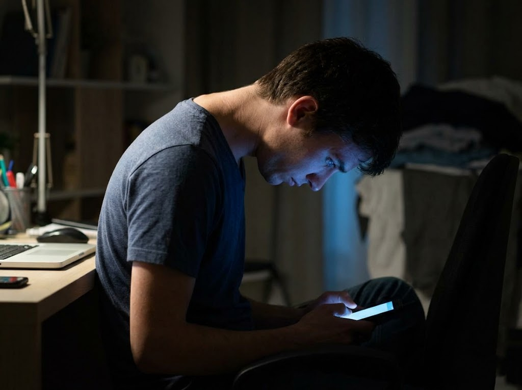 Person looking sharply down at a tablet with neck strain.