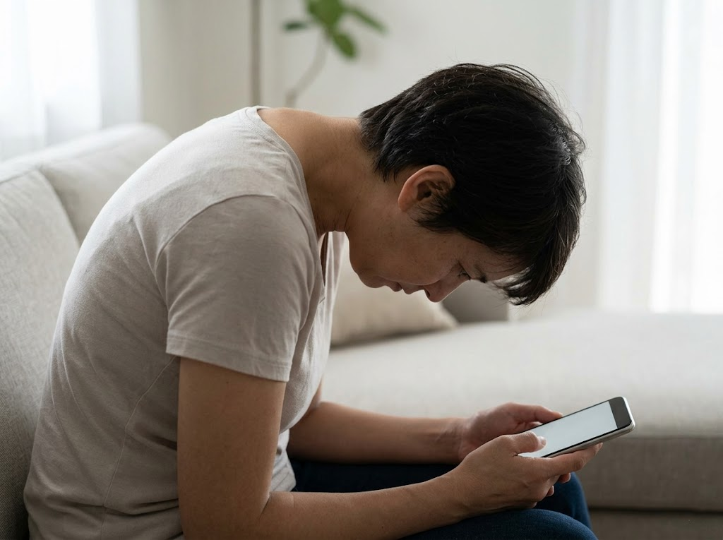 Person hunched over smartphone, displaying tech neck hump.