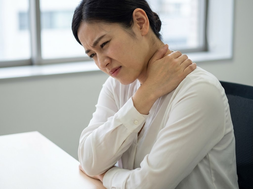 Person rubbing a sore, stiff neck and shoulder.