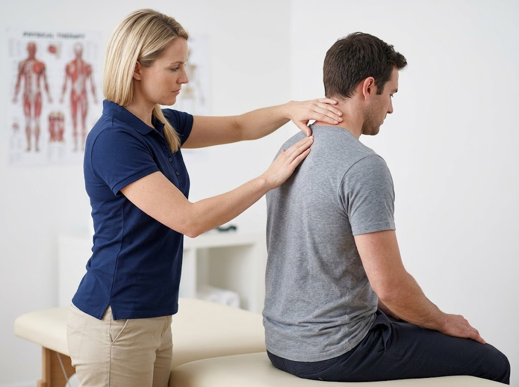 Professional assessment of spine and shoulder posture by a practitioner.
