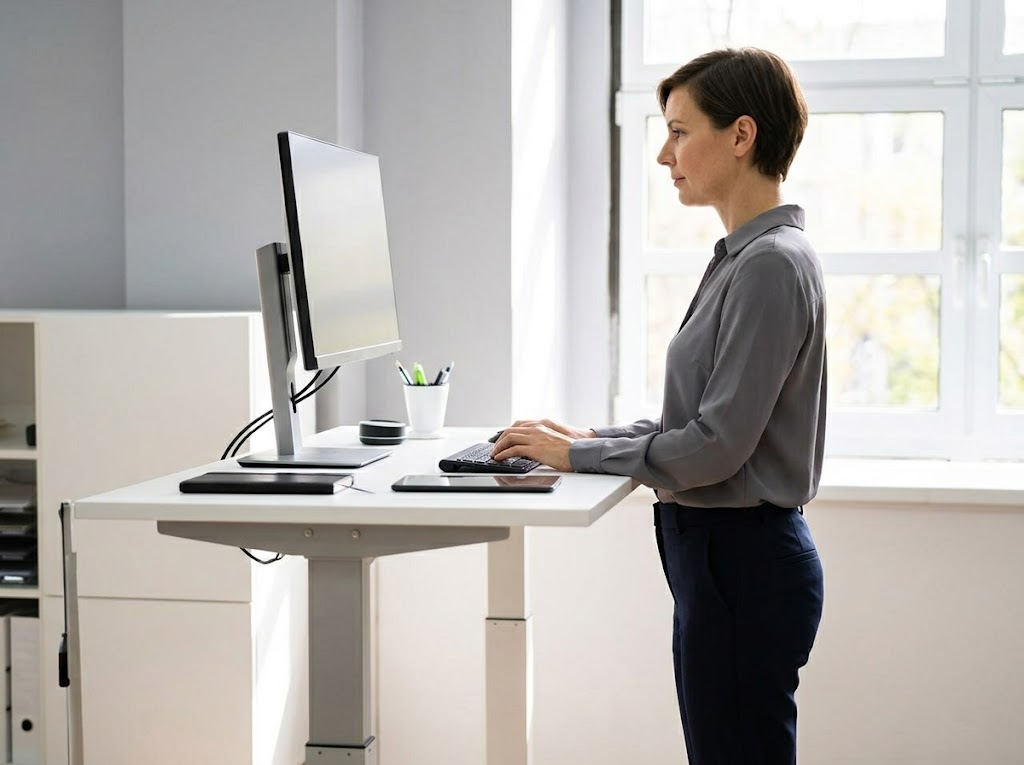 An employee working comfortably at a modern adjustable standing desk.