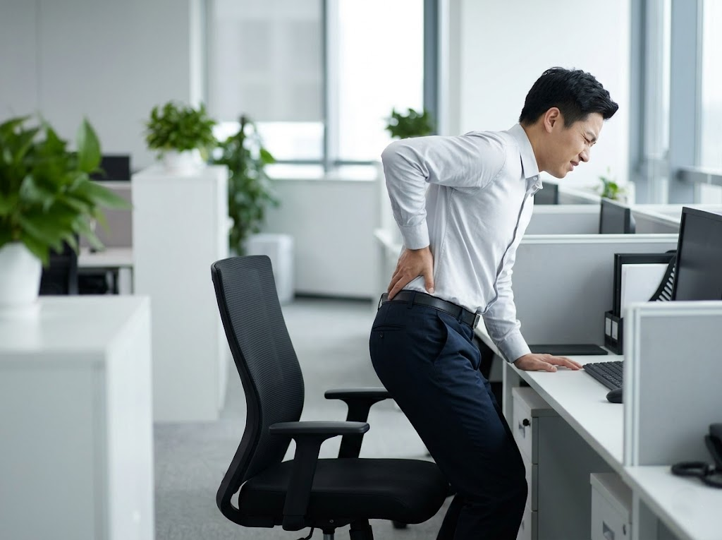 Office worker struggling to stand up due to lower back pain.