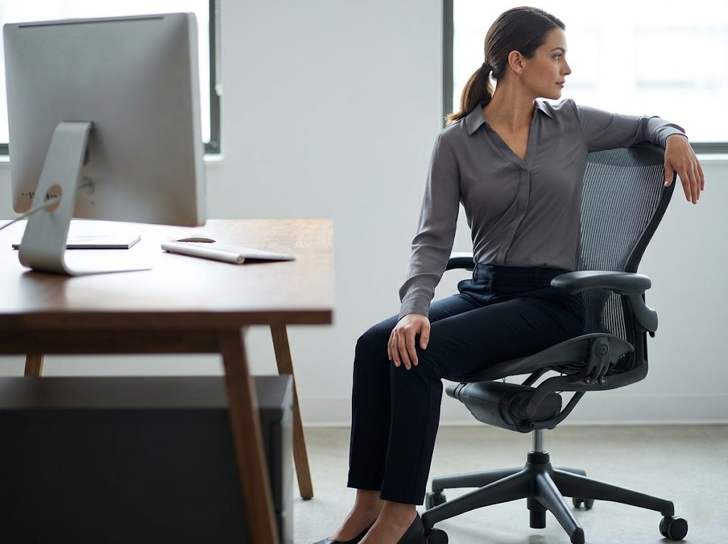 A person performing a seated spinal twist stretch in their office chair.