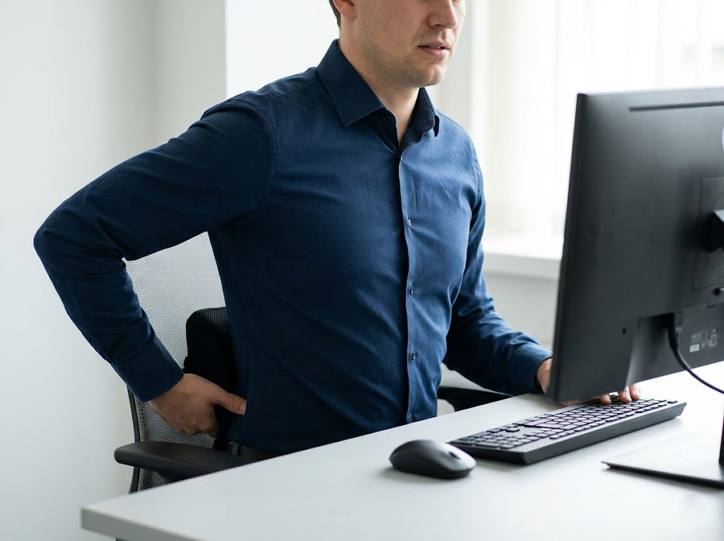 An employee comfortably adjusting a back support cushion while working.