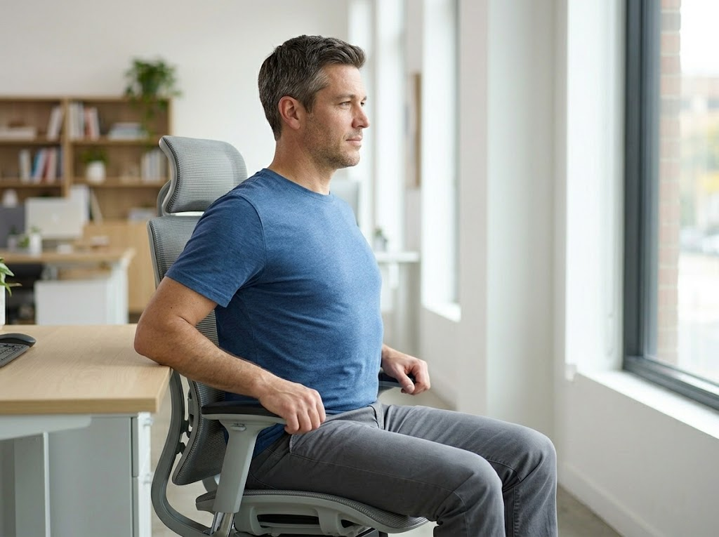 Worker stretching middle back at desk.