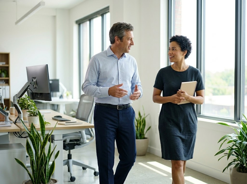 Office workers taking a break by walking.