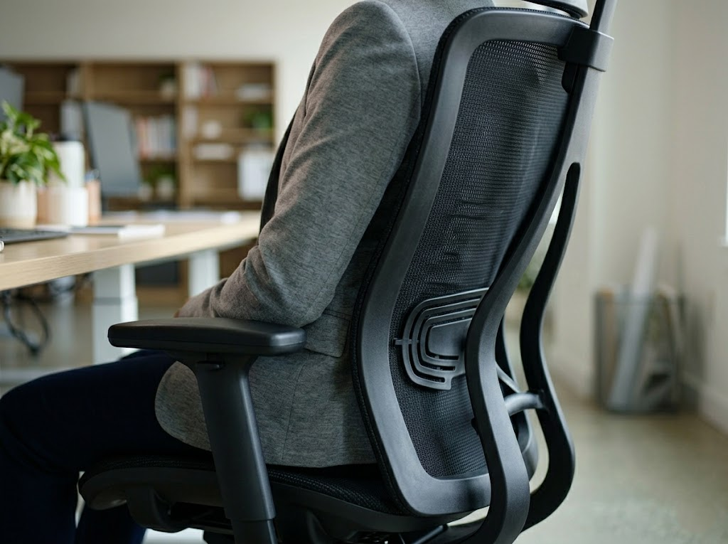 Person leaning back against an ergonomics office chair.