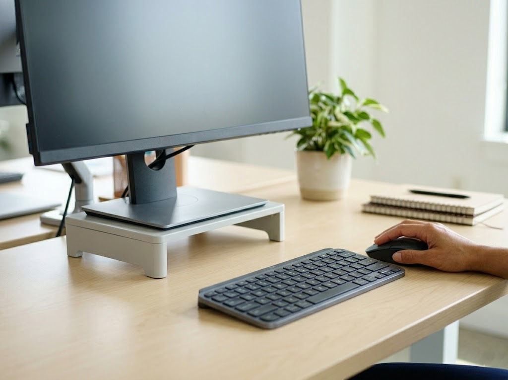 Ergonomic desk setup with monitor at eye level.