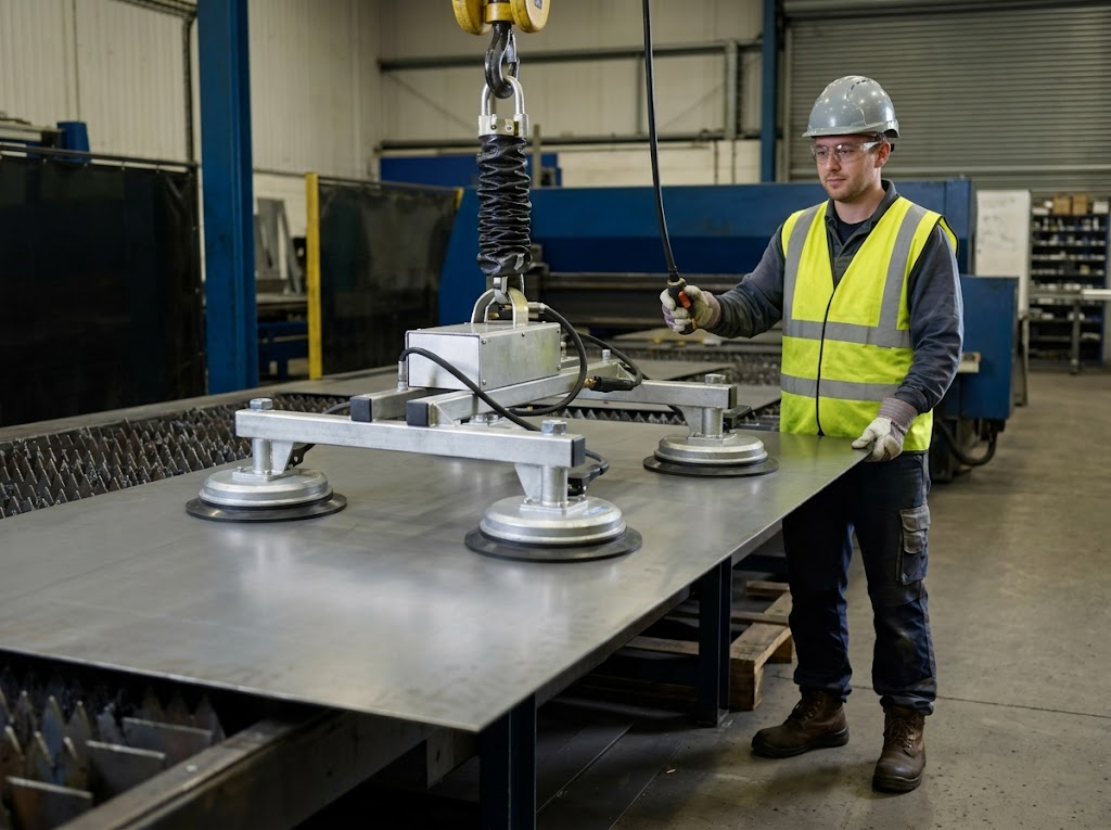 Manufacturing workers using a vacuum sheet lifter.