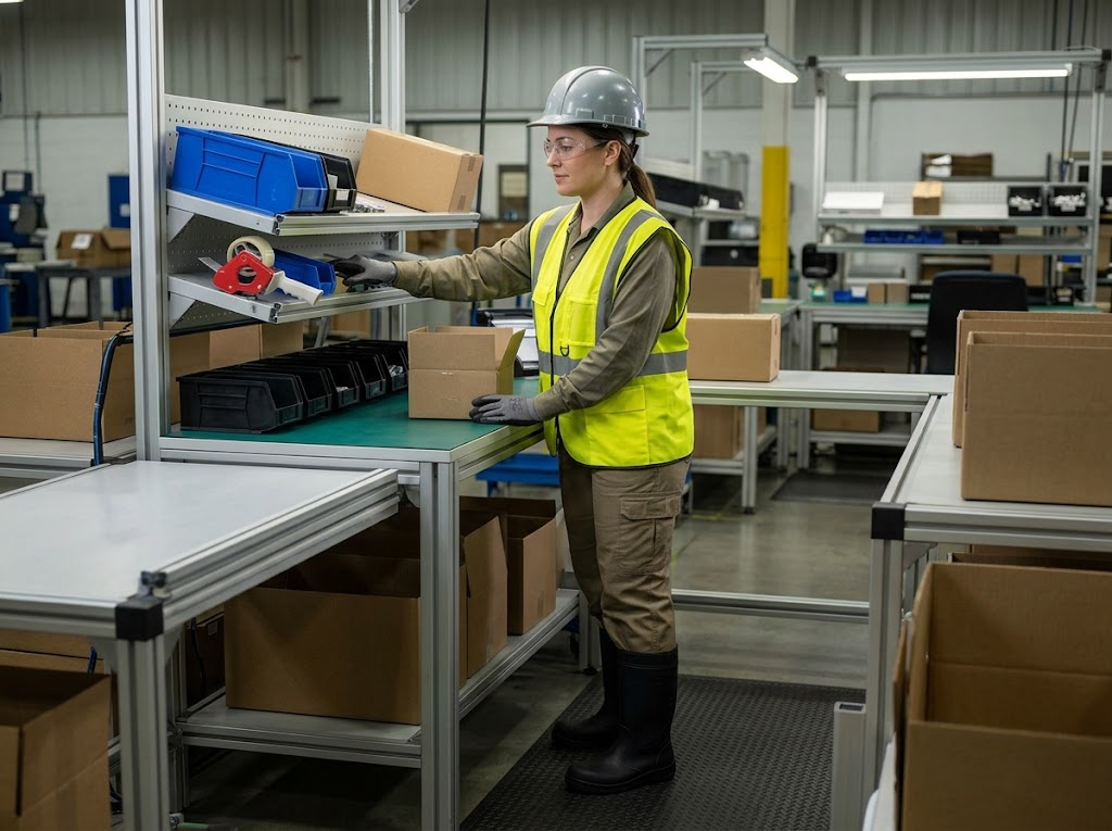 Female manufacturing worker at ergonomic packing station.